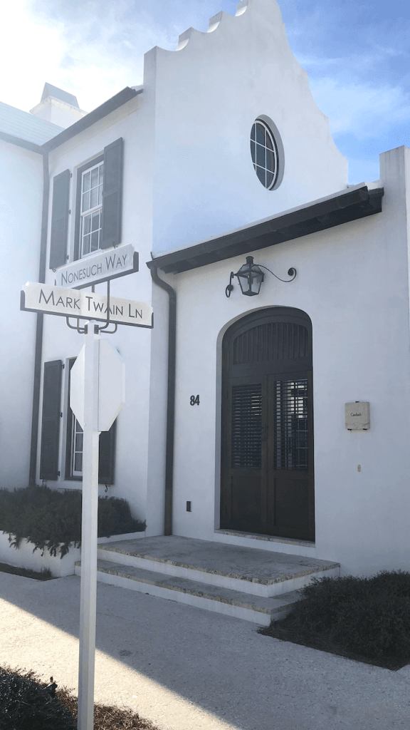 alt="Alys Beach Florida at the Intersection of Mark Twain Lane and None Such Way."